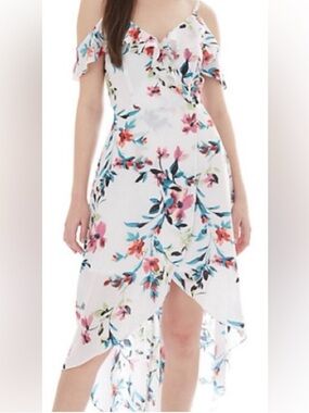 Iz Byer White Floral Cold-Shoulder High-Low Dress Excellent Condition